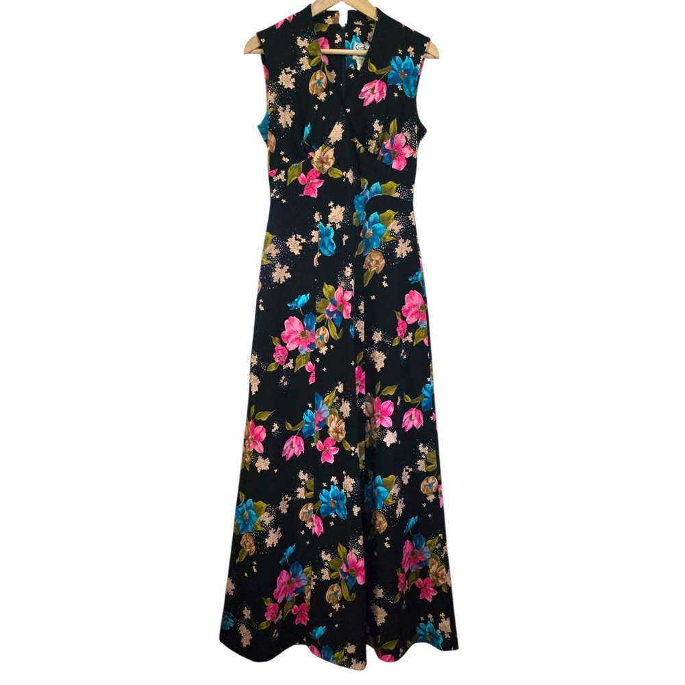 Vintage 70s Colourful Floral Empire Waist Maxi Dress 11/12 Cami Originals Leboff